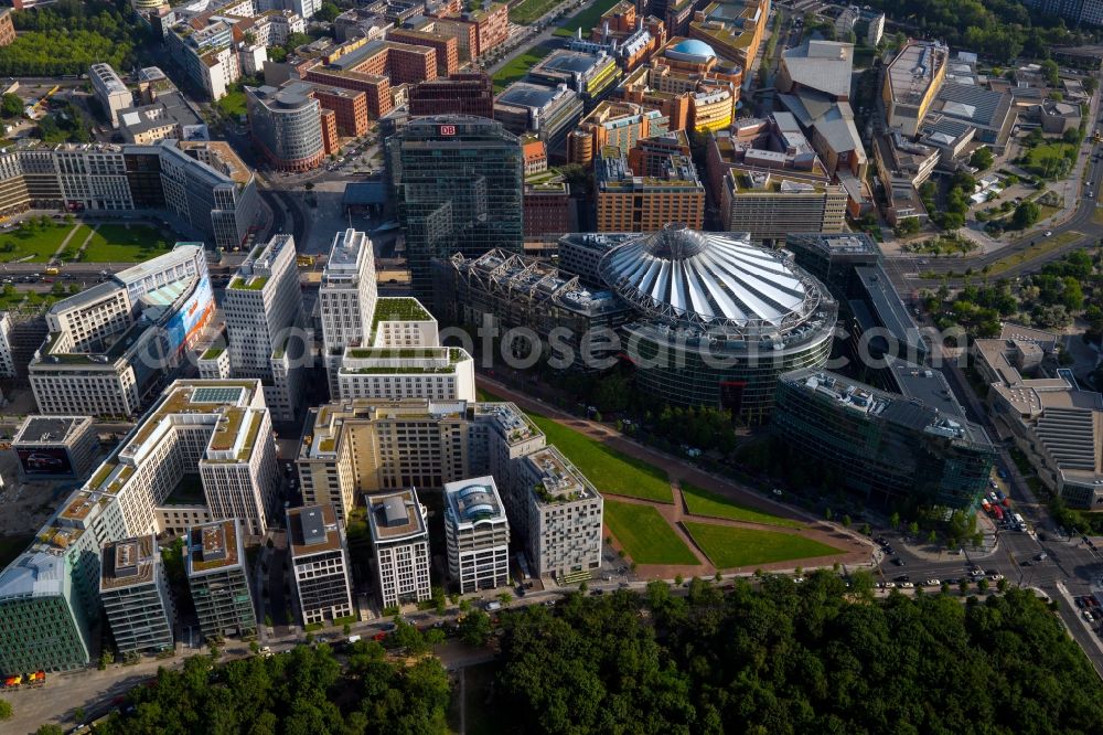 Aerial photograph Berlin - Complex with its high-rise building Sony Center - Bahntower at Potsdamer Platz