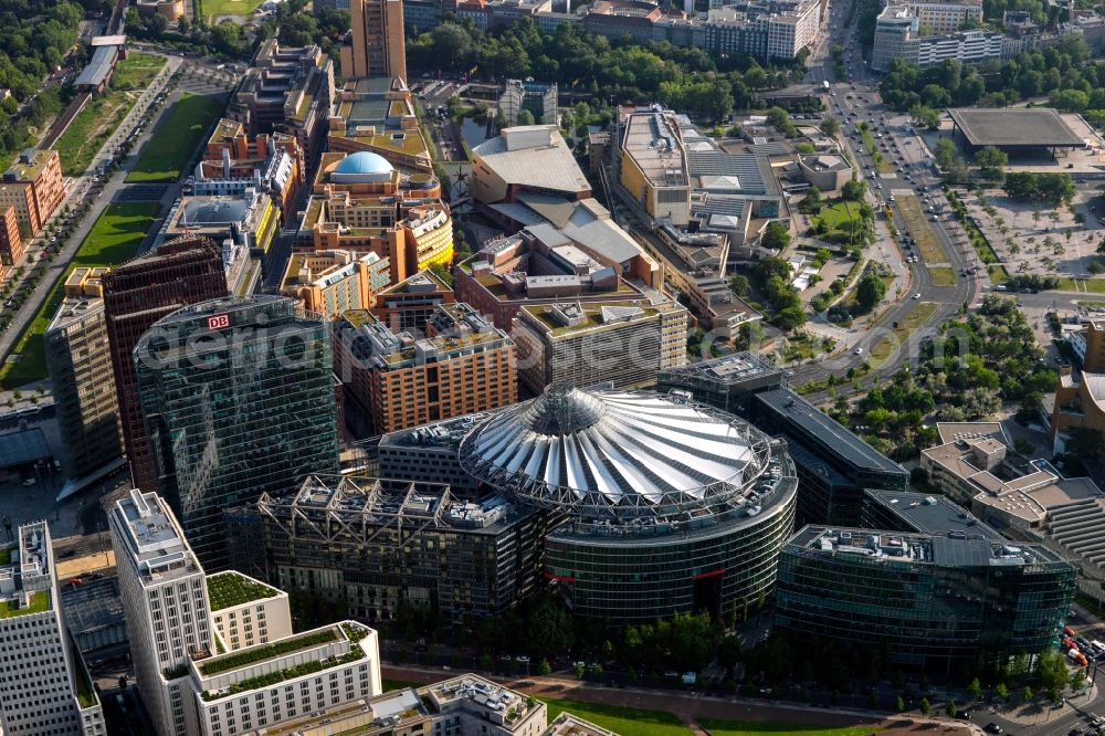 Berlin from above - Complex with its high-rise building Sony Center - Bahntower at Potsdamer Platz