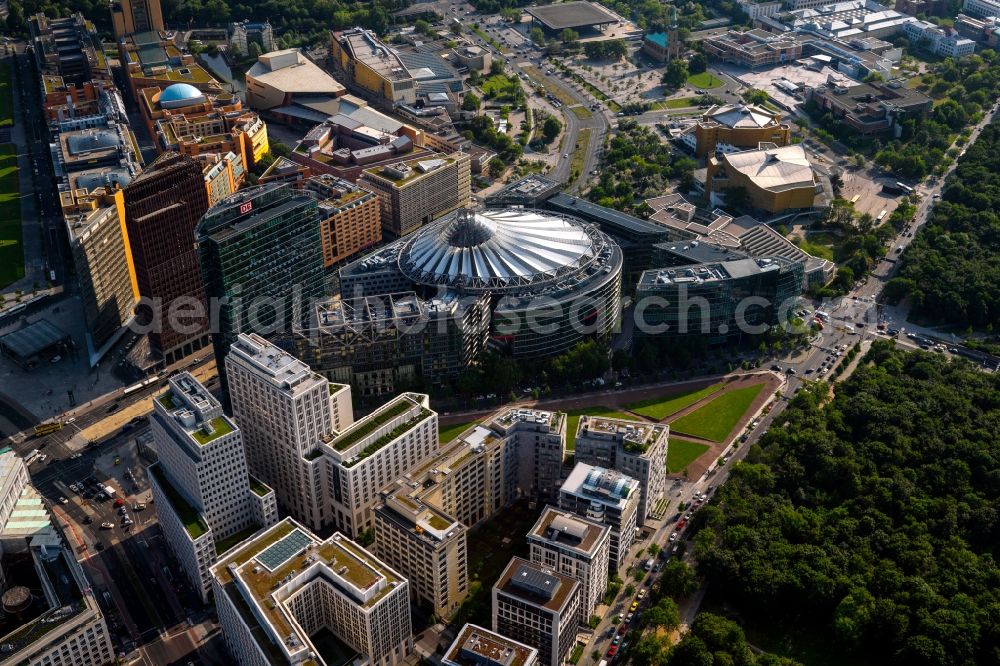 Berlin from the bird's eye view: Complex with its high-rise building Sony Center - Bahntower at Potsdamer Platz