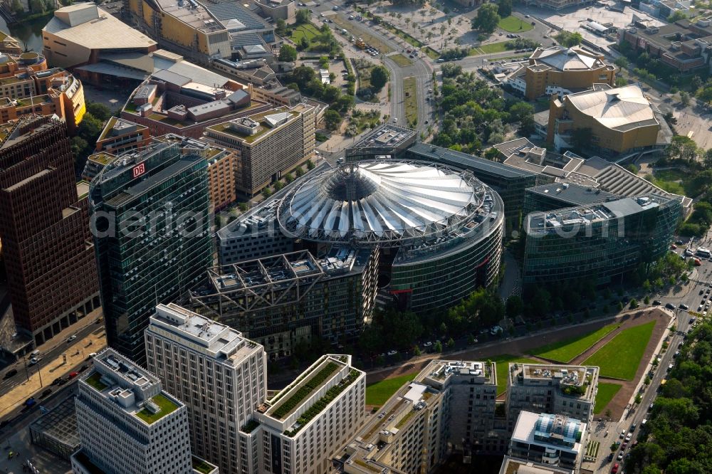 Aerial image Berlin - Complex with its high-rise building Sony Center - Bahntower at Potsdamer Platz