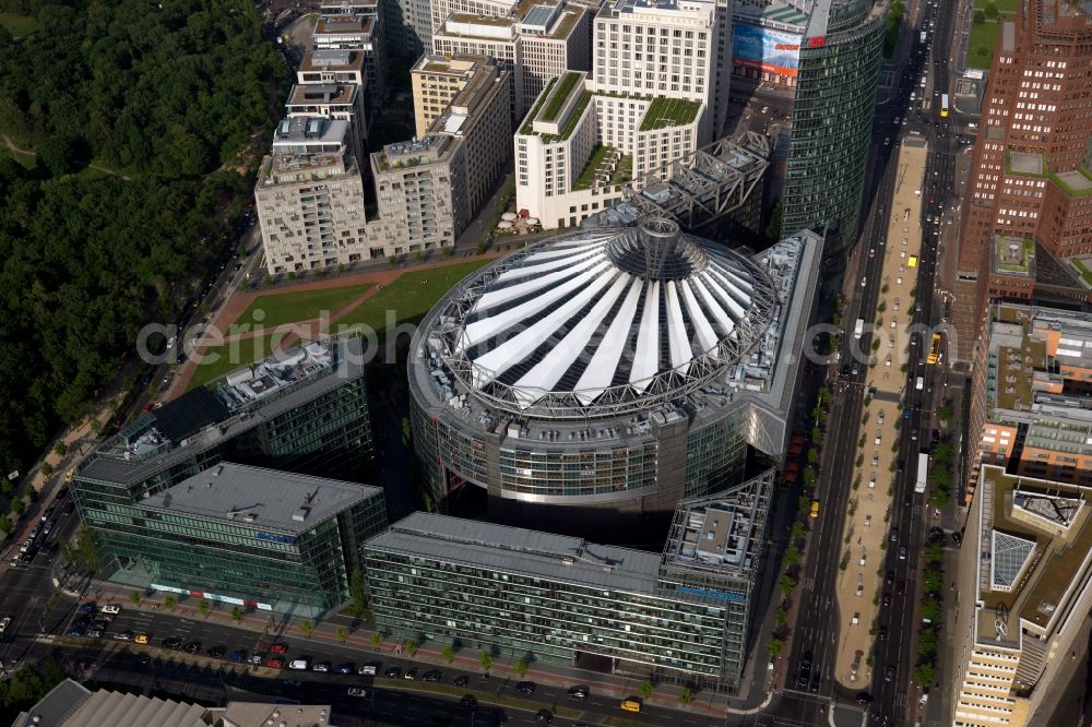 Berlin from above - Complex with its high-rise building Sony Center - Bahntower at Potsdamer Platz