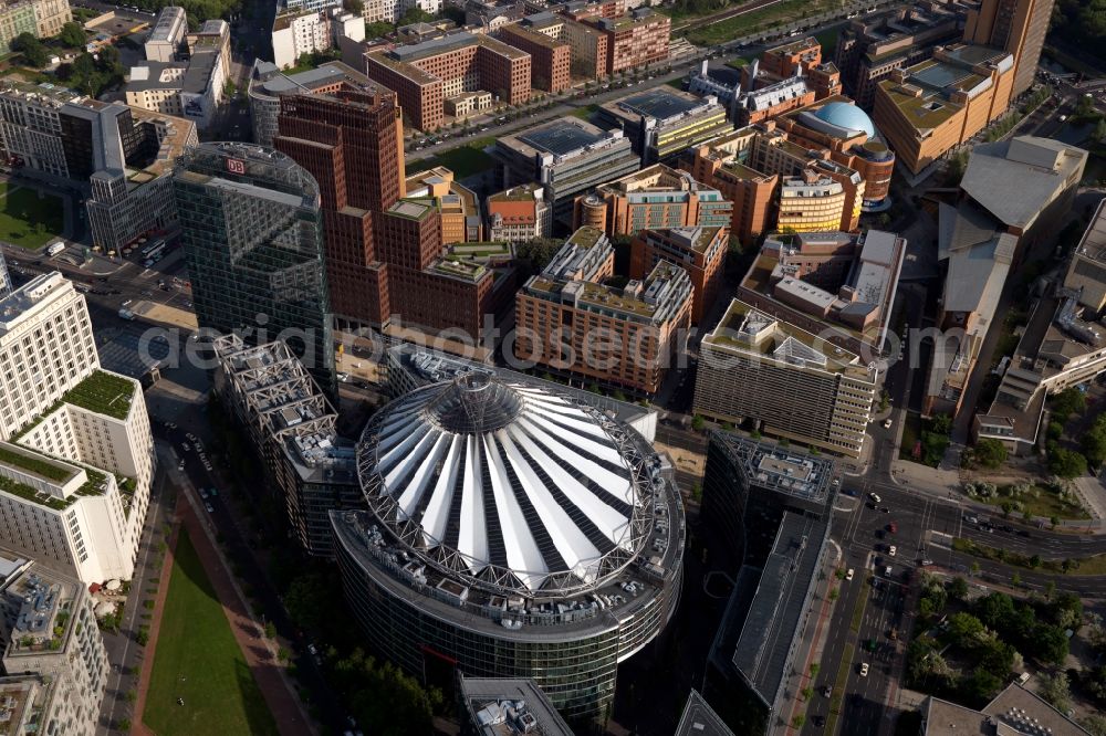 Berlin from the bird's eye view: Complex with its high-rise building Sony Center - Bahntower at Potsdamer Platz