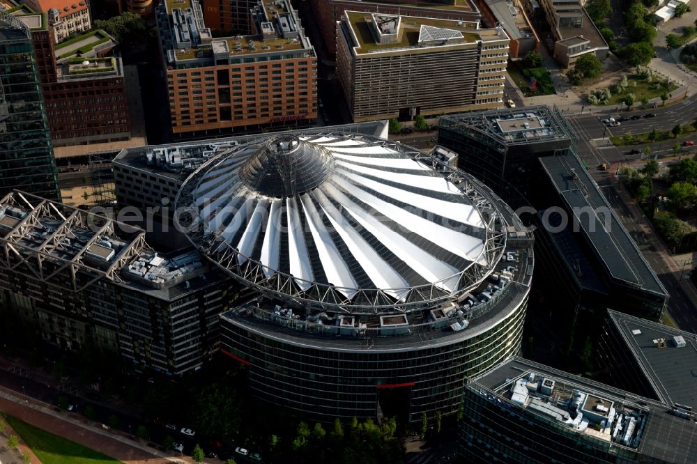 Aerial image Berlin - Complex with its high-rise building Sony Center - Bahntower at Potsdamer Platz