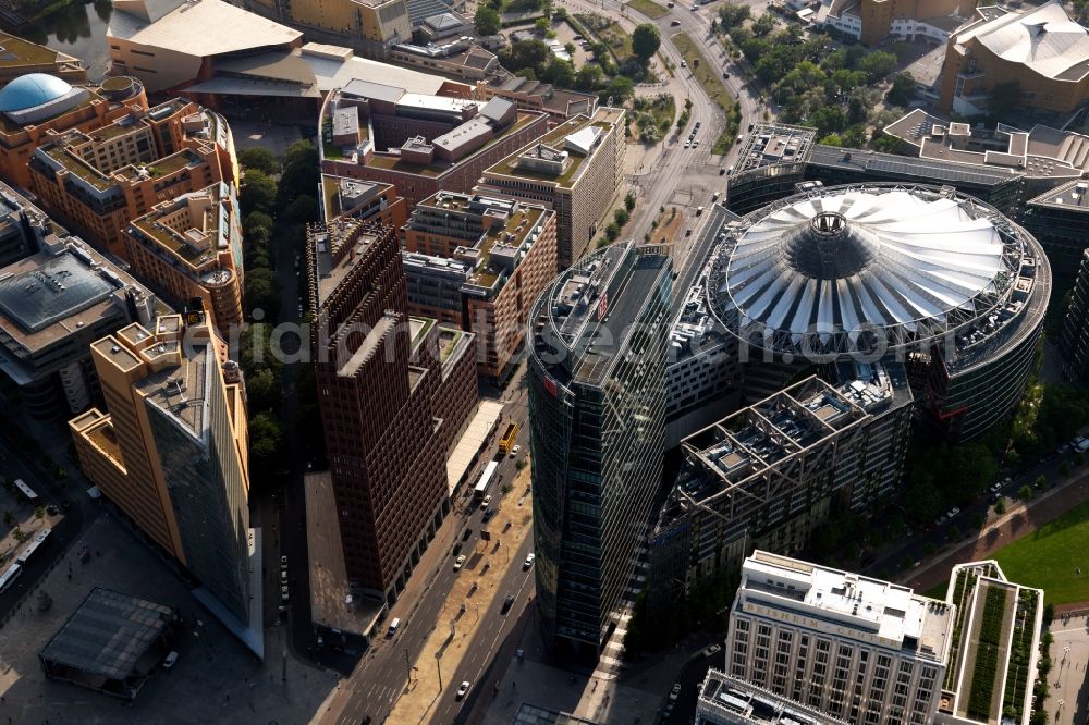 Aerial photograph Berlin - Complex with its high-rise building Sony Center - Bahntower at Potsdamer Platz