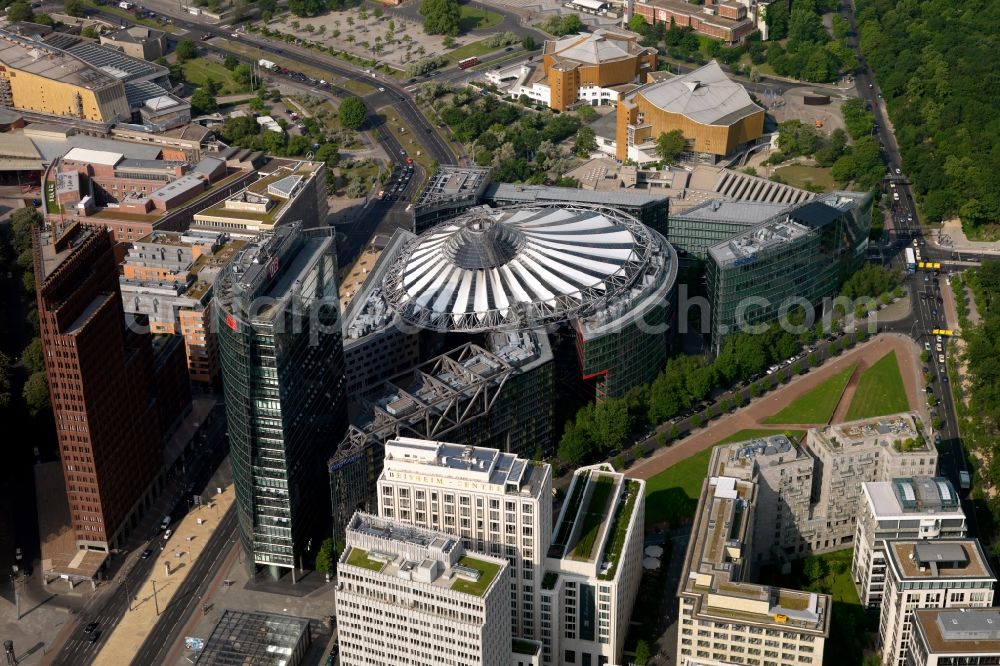 Berlin from above - Complex with its high-rise building Sony Center - Bahntower at Potsdamer Platz