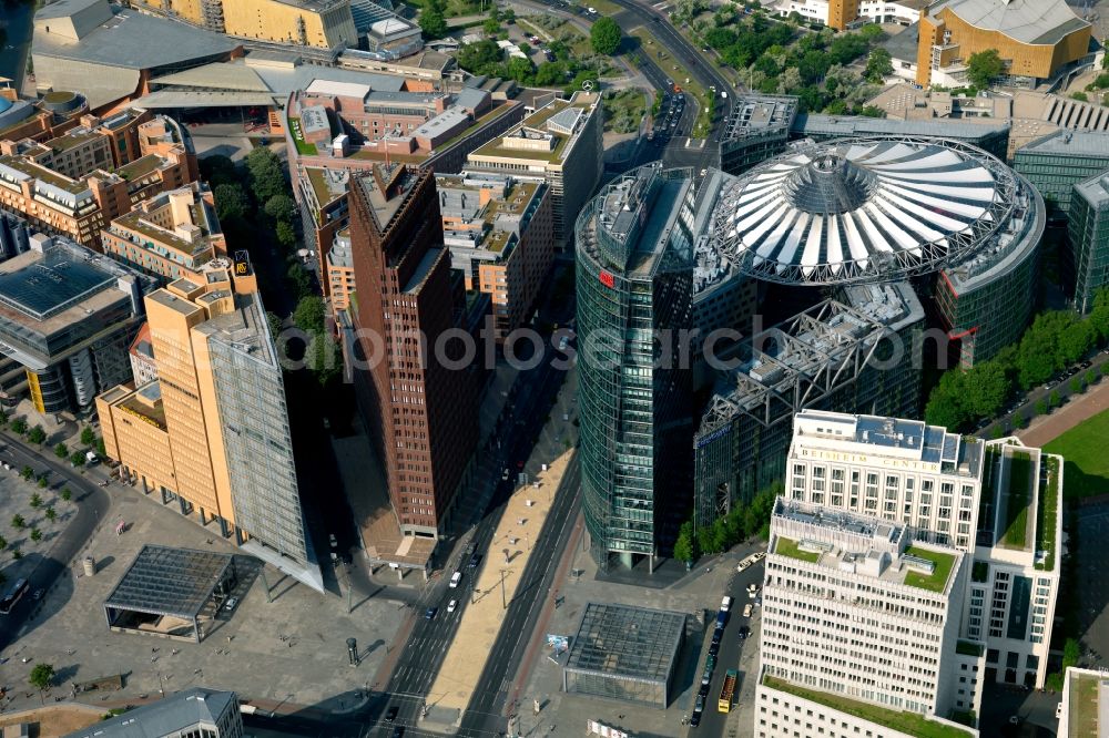 Berlin from the bird's eye view: Complex with its high-rise building Sony Center - Bahntower at Potsdamer Platz