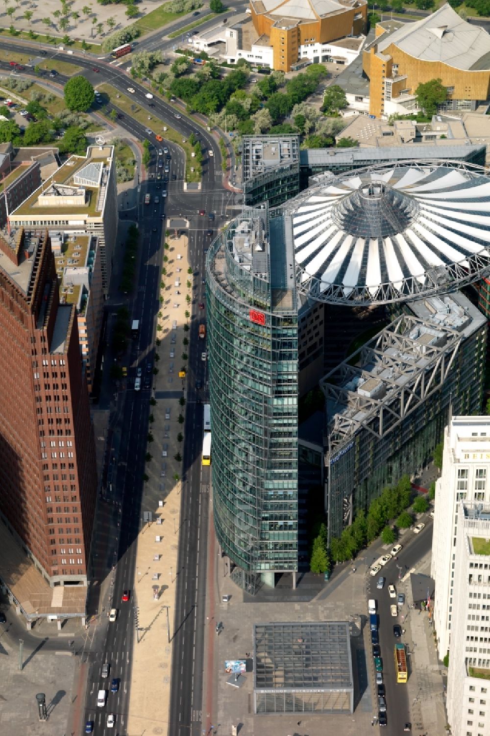 Aerial image Berlin - Complex with its high-rise building Sony Center - Bahntower at Potsdamer Platz