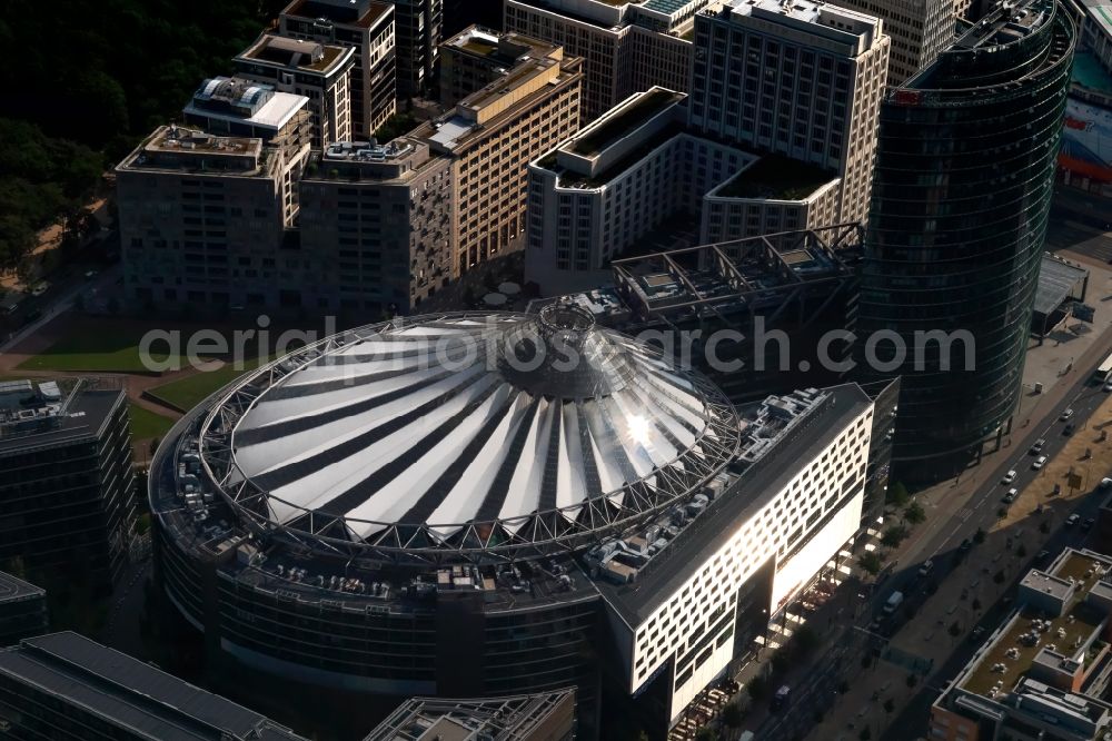 Berlin from above - Complex with its high-rise building Sony Center - Bahntower at Potsdamer Platz