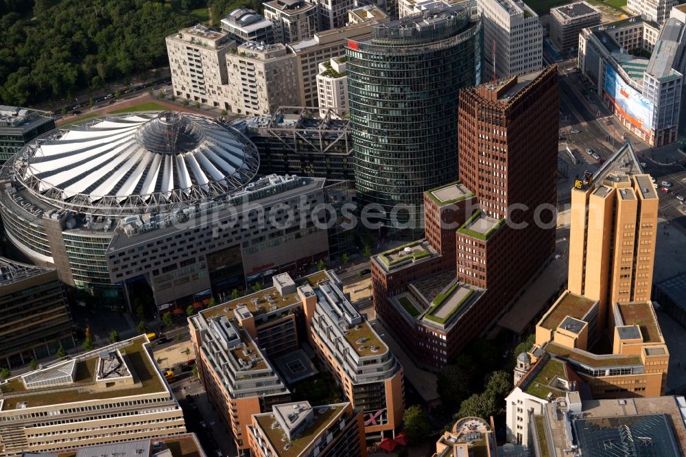 Aerial image Berlin - Complex with its high-rise building Sony Center - Bahntower at Potsdamer Platz