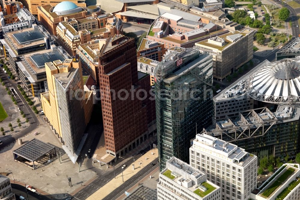 Aerial photograph Berlin - Complex with its high-rise building Sony Center - Bahntower at Potsdamer Platz in the Tiergarten part of Berlin in Germany