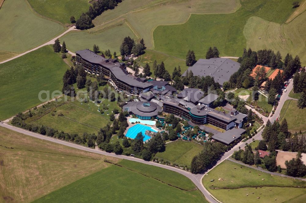 Ofterschwang from the bird's eye view: Building complex of sports and spa hotel Sonnenalp GmbH in Ofterschwang in Bavaria. sonnenalp.de