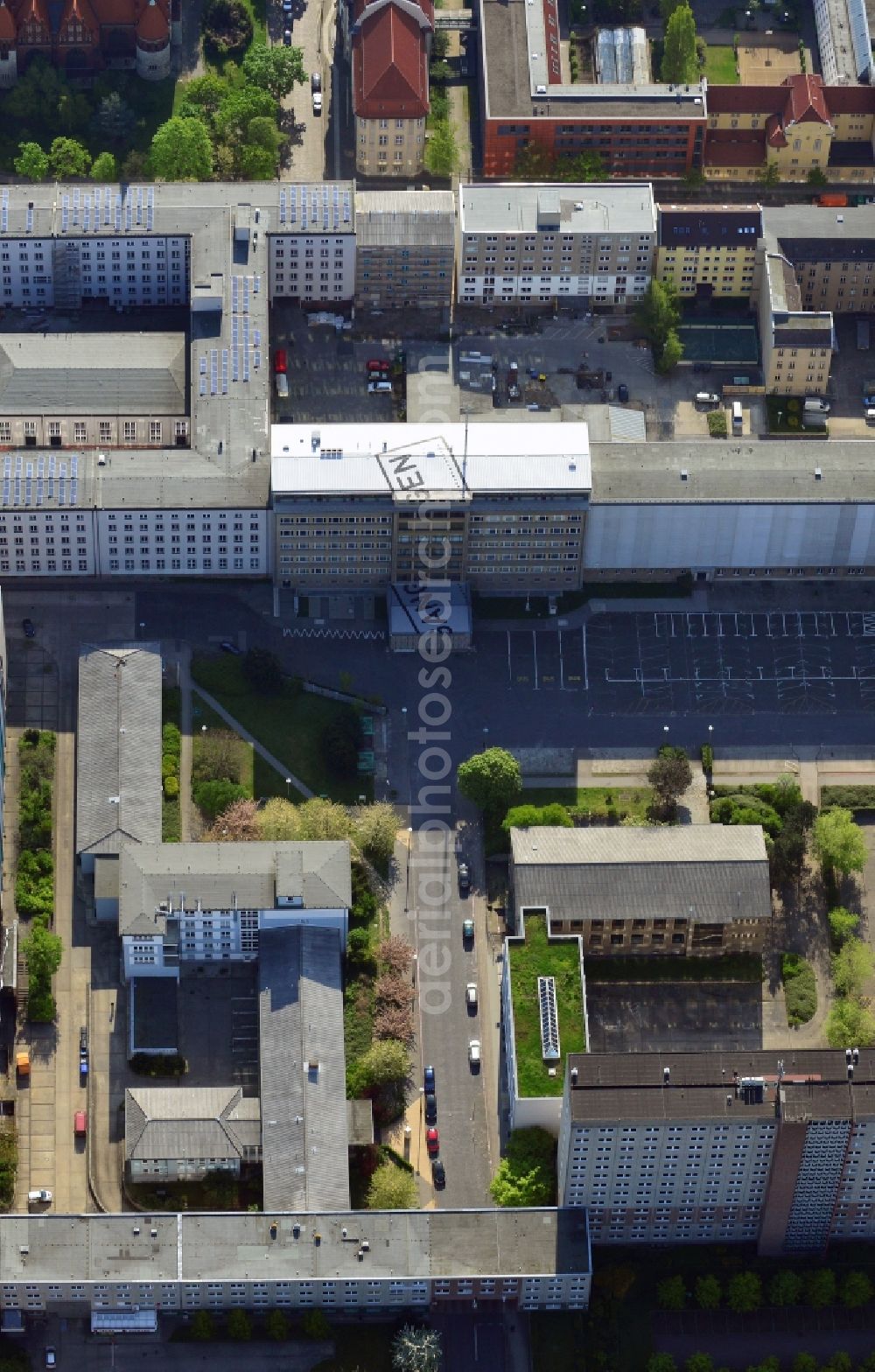 Berlin from above - Building complex of the Memorial of the former Stasi Ministry for State Security of the GDR in the Ruschestrasse in Berlin Lichtenberg