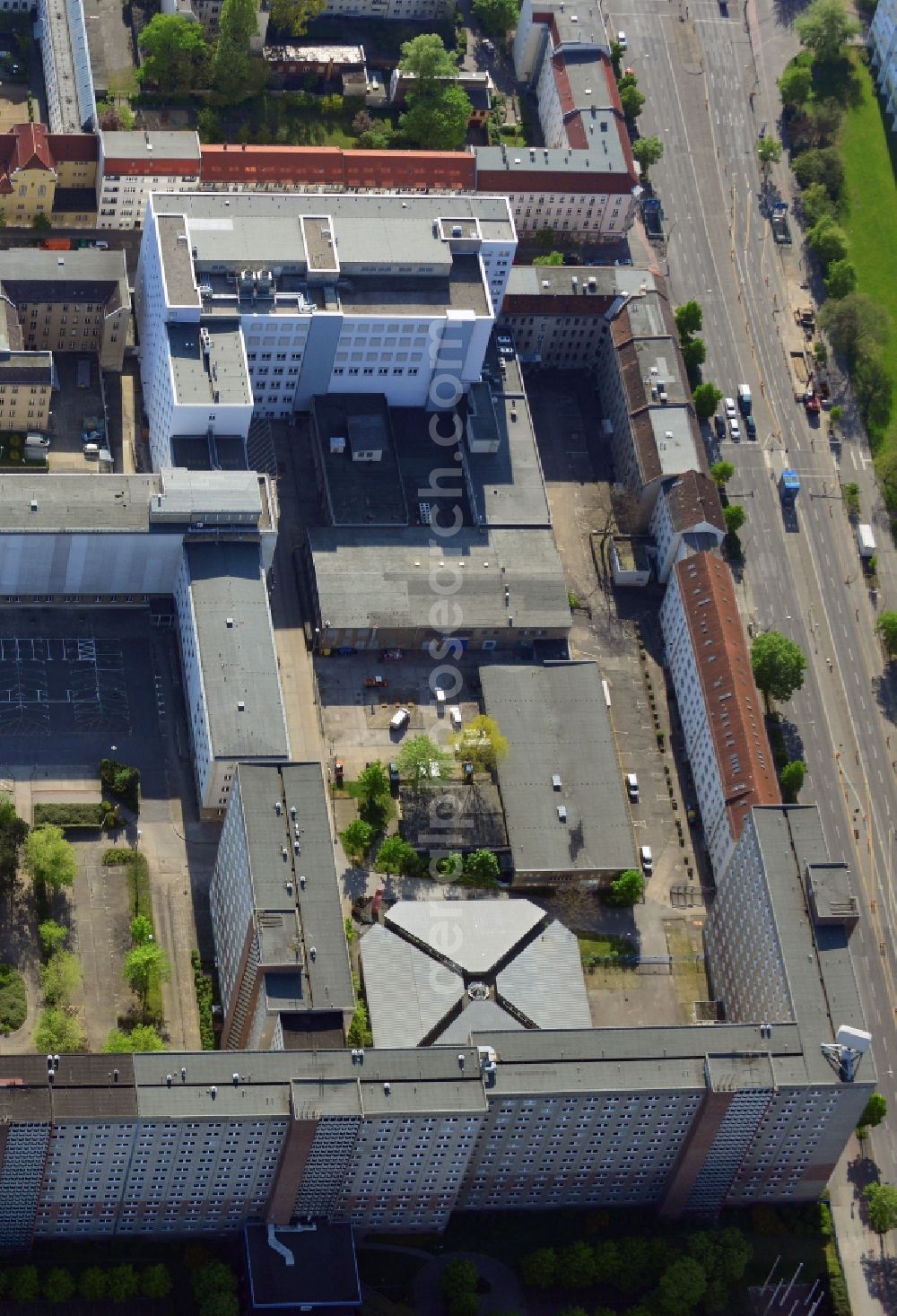 Berlin from the bird's eye view: Building complex of the Memorial of the former Stasi Ministry for State Security of the GDR in the Ruschestrasse in Berlin Lichtenberg