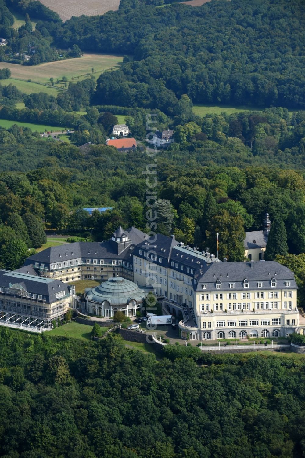 Aerial image Königswinter - Complex of the hotel building Steigenberger Grandhotel & Spa Petersberg in Koenigswinter in the state North Rhine-Westphalia, Germany