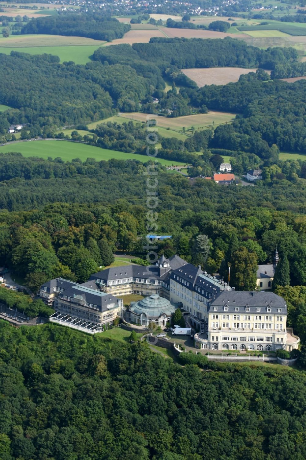 Königswinter from above - Complex of the hotel building Steigenberger Grandhotel & Spa Petersberg in Koenigswinter in the state North Rhine-Westphalia, Germany