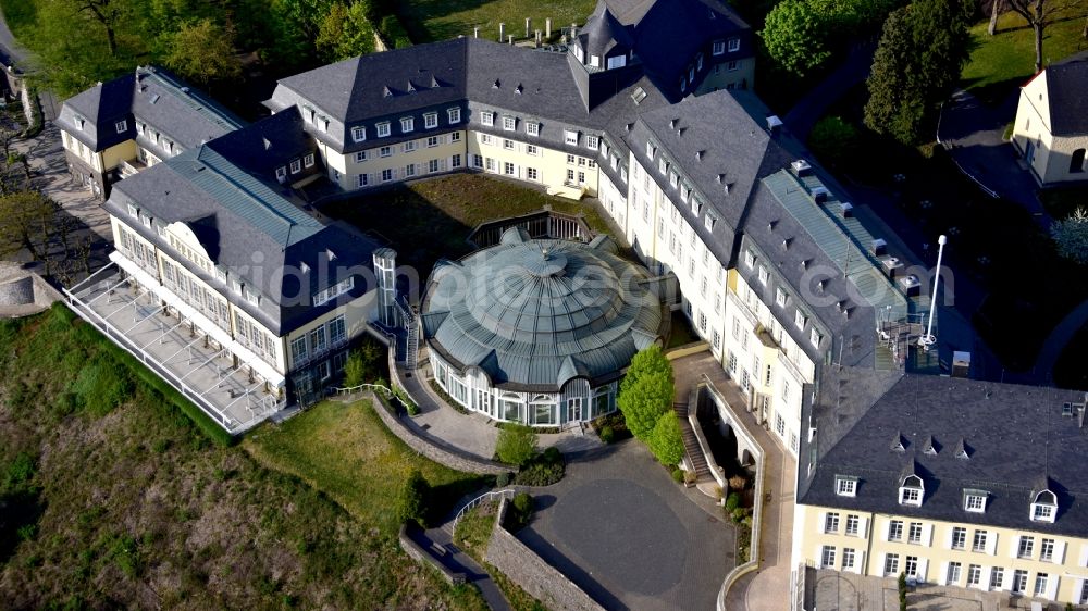 Königswinter from the bird's eye view: Complex of the hotel building Steigenberger Grandhotel & Spa Petersberg in Koenigswinter in the state North Rhine-Westphalia, Germany