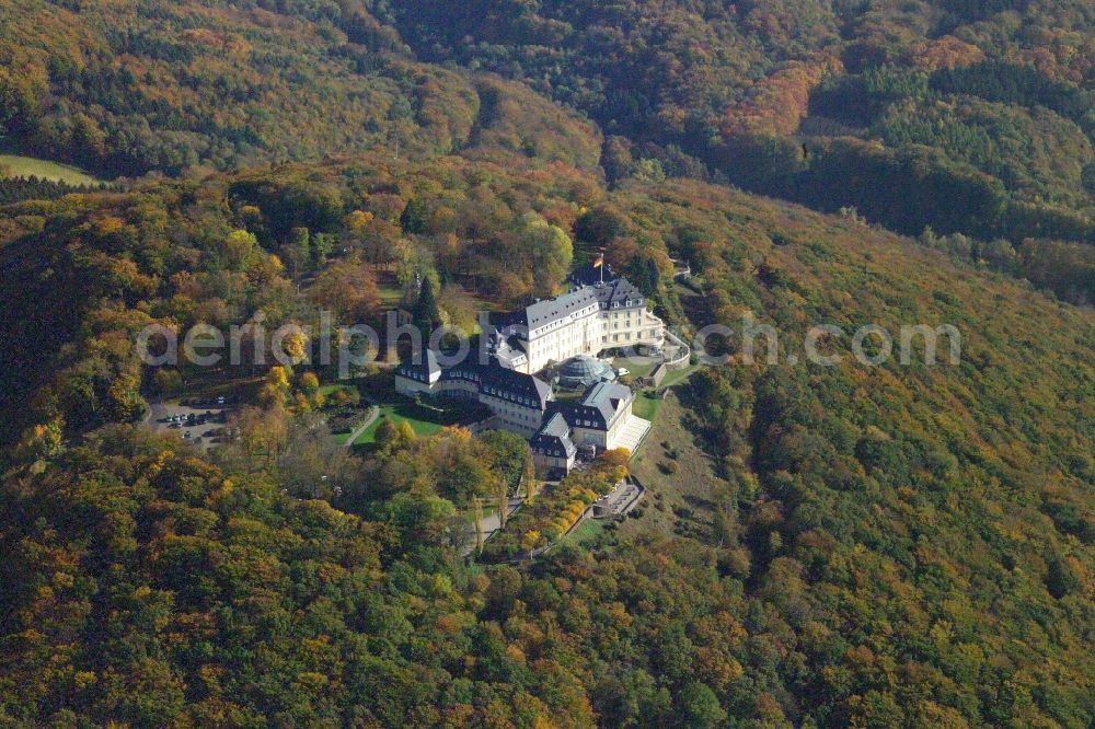 Königswinter from above - Complex of the hotel building Steigenberger Grandhotel & Spa Petersberg in Koenigswinter in the state North Rhine-Westphalia, Germany