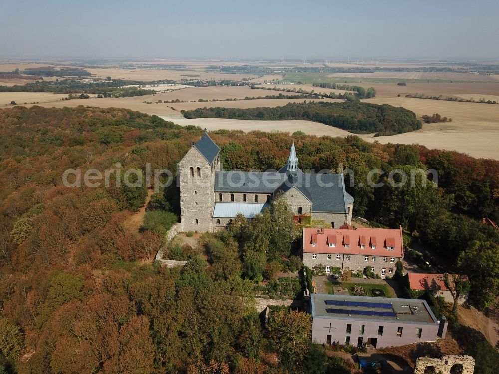 Petersberg from above - Complex of buildings of the monastery Stiftskirche in Petersberg in the state Saxony-Anhalt