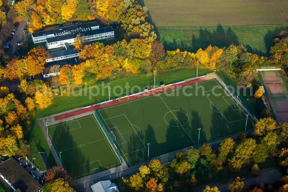 Witten from the bird's eye view: Building complex of the veterinary office and animal medicine park in the West of Witten in the state of North Rhine-Westphalia. The building complex is located next to sports facilities