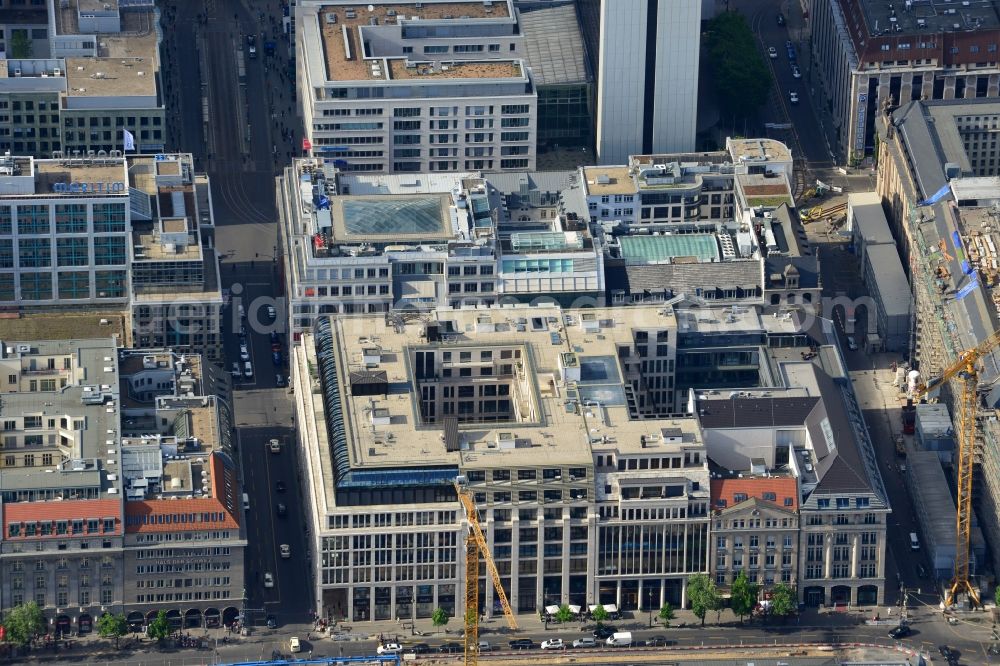 Aerial image Berlin - Eleven-storey building complex Upper Eastside Berlin, a commercial and residential building on the corner of Friedrichstrasse and Unter den Linden in Berlin-Mitte, Germany. Investor is the Muenchener Rueckversicherungs Gesellschaft, represented by MEAG MUNICH ERGO AssetManagement GmbH, the asset manager of the Munich Reinsurance and the ERGO Insurance Group