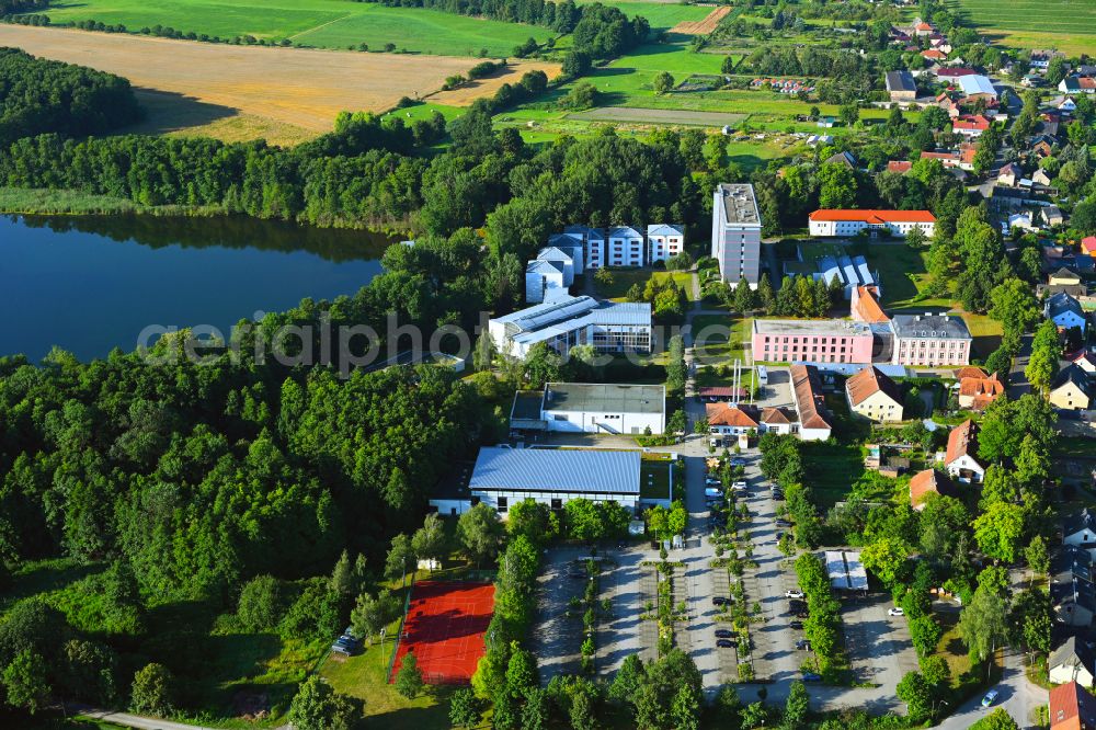 Plessow from above - Building complex of the education and training center Bildungszentrum of Bundesfinanzverwaltung on street Plessower Hauptstrasse in Plessow in the state Brandenburg, Germany