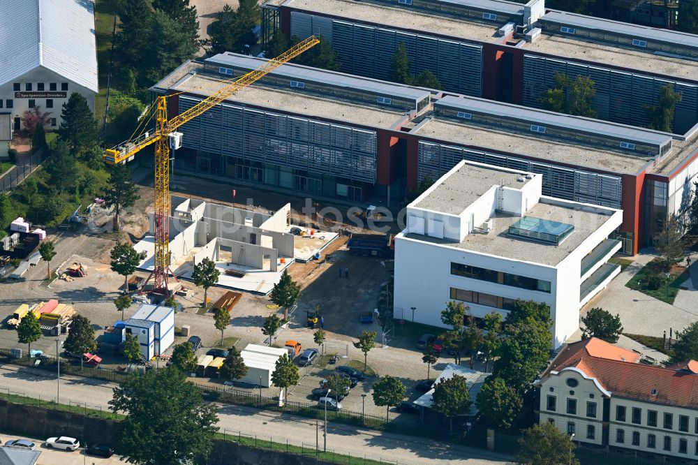 Dresden from the bird's eye view: Additional new building construction site at the building complex of the further education and training center Officer School of the Army (OSH) on Marienallee Street in the Albertstadt district of Dresden in the state of Saxony, Germany