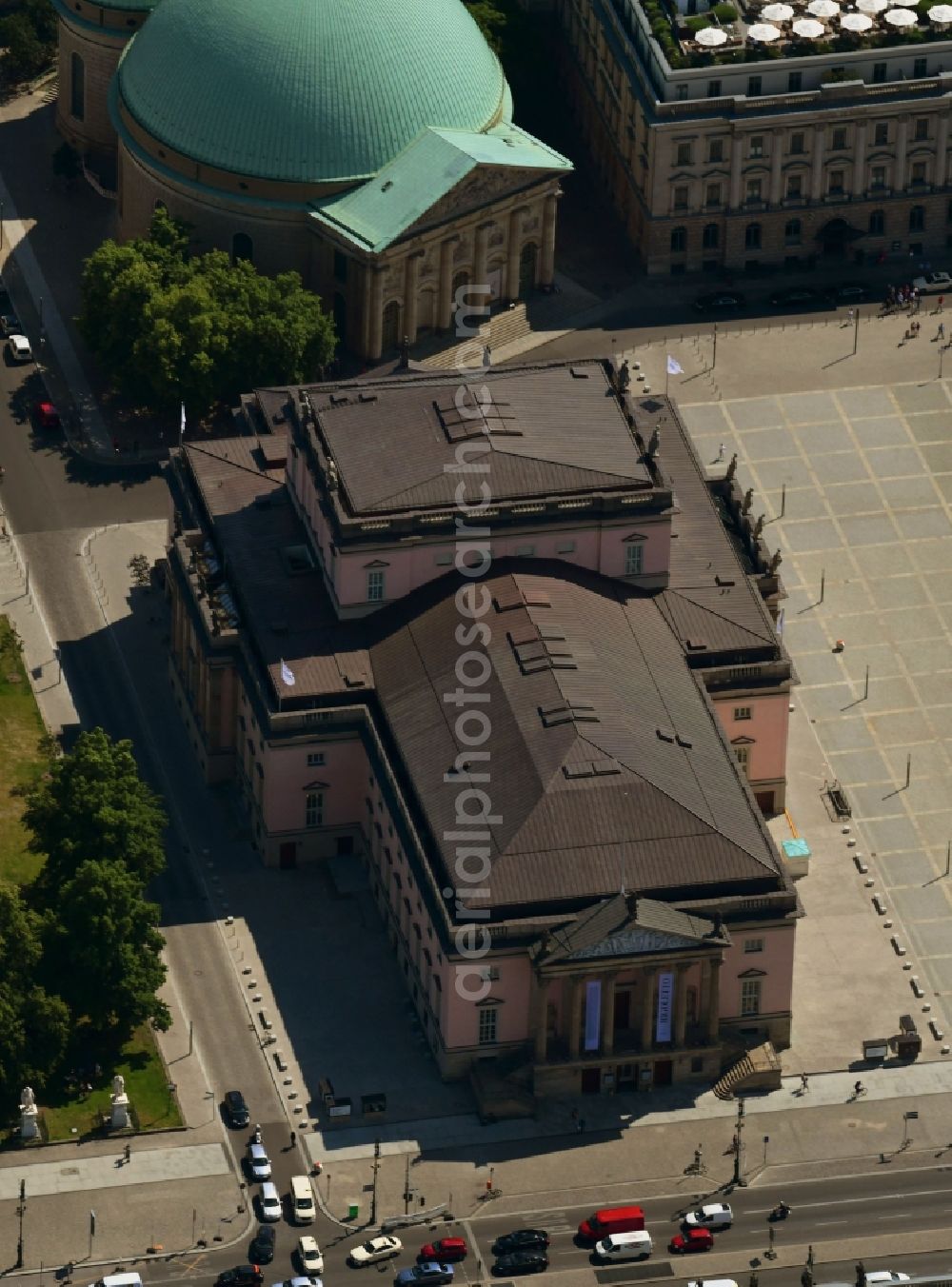 Berlin from the bird's eye view: Building of the Staatsoper Unter den Linden in Berlin at Bebelplatz by architect HG Merz. It is the oldest opera house and theater building in Berlin