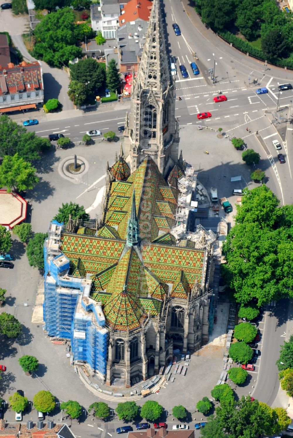 Speyer from above - View of the Memorial Church of the Protestation in Speyer in the state Rhineland-Palatinate