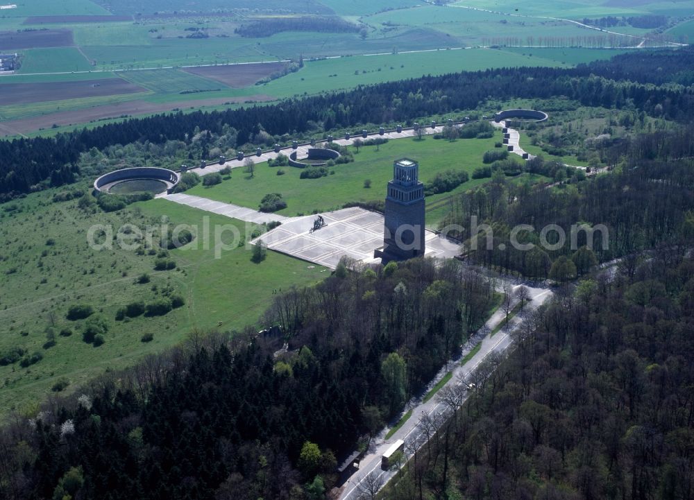 Weimar from the bird's eye view: Buchenwald Memorial on the Etter Mountain near Weimar in Thuringia. Here in the foreground image and the bell tower in the background can be seen the so-called ring graves