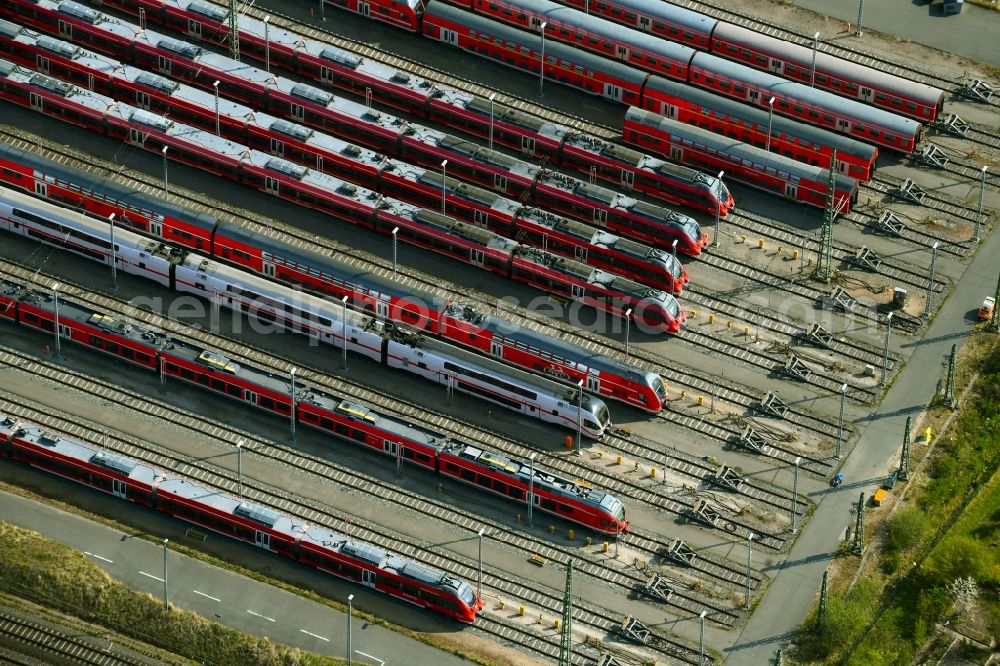 Rostock from the bird's eye view: S-Bahn railway station and sidings of Deutschen Bahn in Rostock in the state Mecklenburg - Western Pomerania, Germany