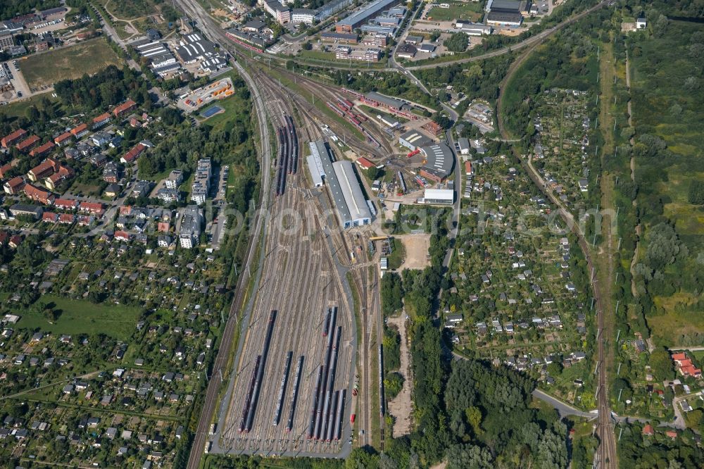 Rostock from above - S-Bahn railway station and sidings of Deutschen Bahn in Rostock in the state Mecklenburg - Western Pomerania, Germany