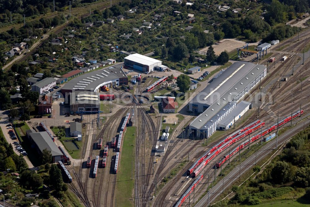 Rostock from above - S-Bahn railway station and sidings of Deutschen Bahn in Rostock in the state Mecklenburg - Western Pomerania, Germany