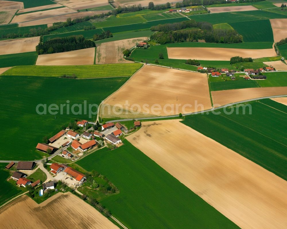 Ausserhienthal from the bird's eye view: Homestead and farm outbuildings on the edge of agricultural fields in Ausserhienthal in the state Bavaria, Germany