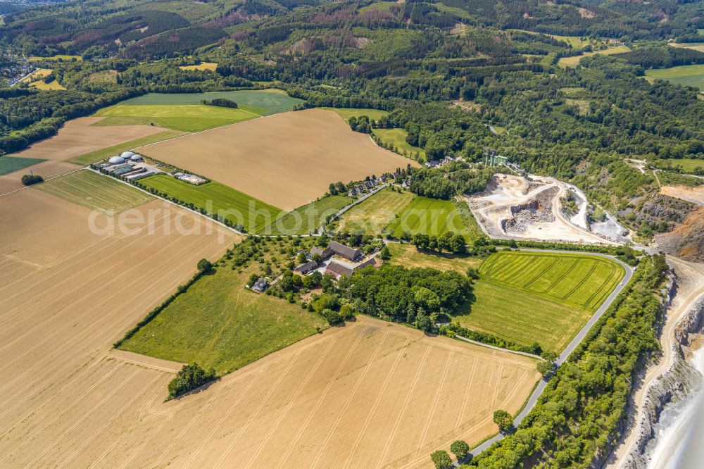 Balve from above - Homestead and farm outbuildings on the edge of agricultural fields in Balve in the state North Rhine-Westphalia, Germany