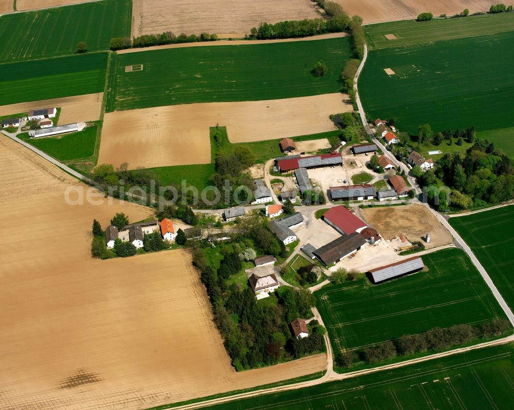 Büchling from above - Homestead and farm outbuildings on the edge of agricultural fields in Büchling in the state Bavaria, Germany