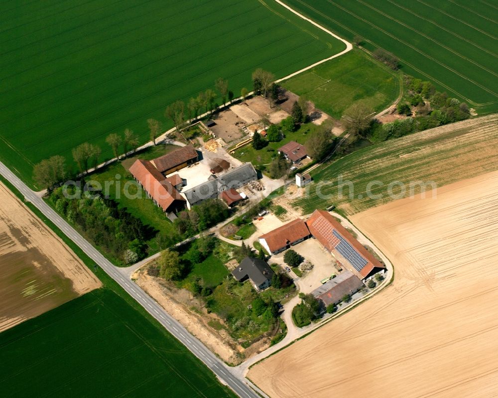 Ehethal from above - Homestead and farm outbuildings on the edge of agricultural fields in Ehethal in the state Bavaria, Germany