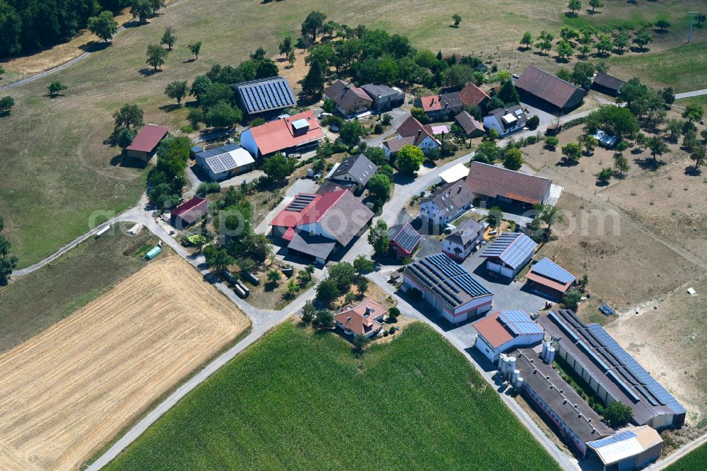 Schöntal from above - Homestead and farm outbuildings on the edge of agricultural fields in the district Eichelshof in Schoental in the state Baden-Wuerttemberg, Germany