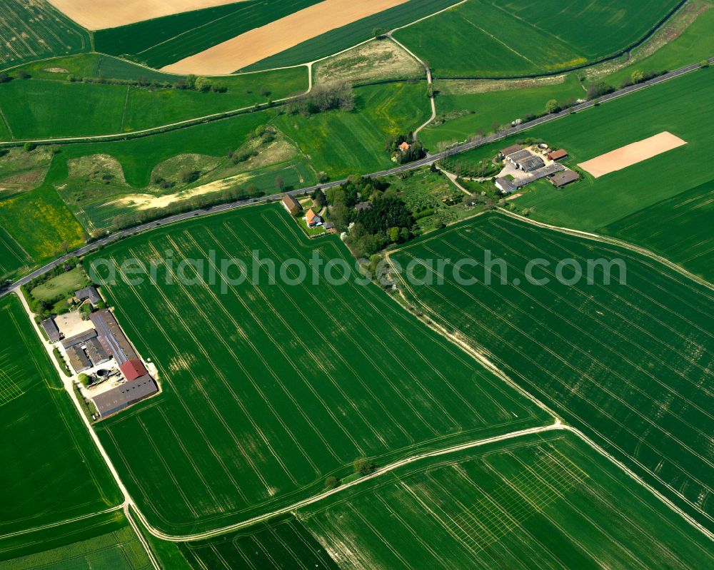 Eudorf from the bird's eye view: Homestead and farm outbuildings on the edge of agricultural fields in Eudorf in the state Hesse, Germany