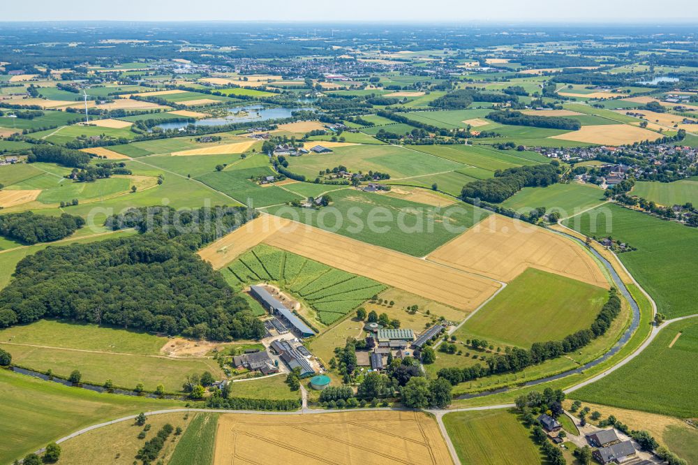 Hamminkeln from the bird's eye view: Homestead and farm outbuildings on the edge of agricultural fields in Hamminkeln in the state North Rhine-Westphalia, Germany