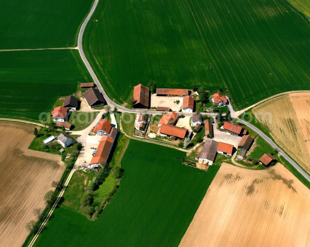 Innerhienthal from above - Homestead and farm outbuildings on the edge of agricultural fields in Innerhienthal in the state Bavaria, Germany