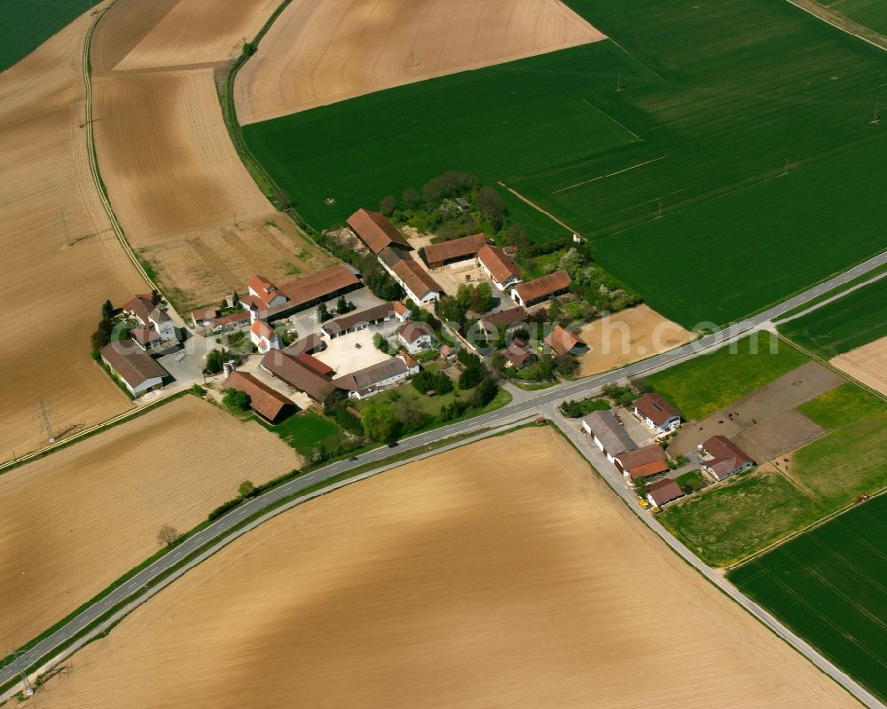 Innerhienthal from the bird's eye view: Homestead and farm outbuildings on the edge of agricultural fields in Innerhienthal in the state Bavaria, Germany