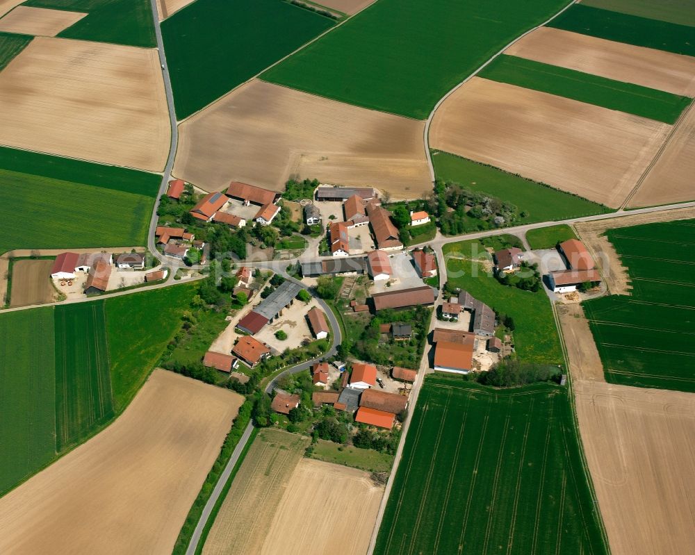 Kirchmatting from above - Homestead and farm outbuildings on the edge of agricultural fields in Kirchmatting in the state Bavaria, Germany