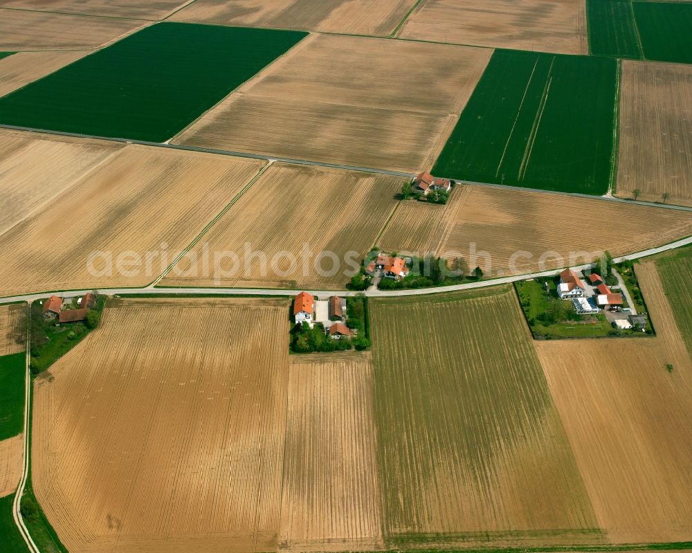 Kleintaiding from above - Homestead and farm outbuildings on the edge of agricultural fields in Kleintaiding in the state Bavaria, Germany