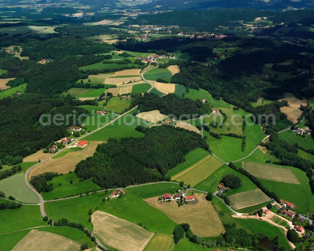 Landorf from above - Homestead and farm outbuildings on the edge of agricultural fields in Landorf in the state Bavaria, Germany