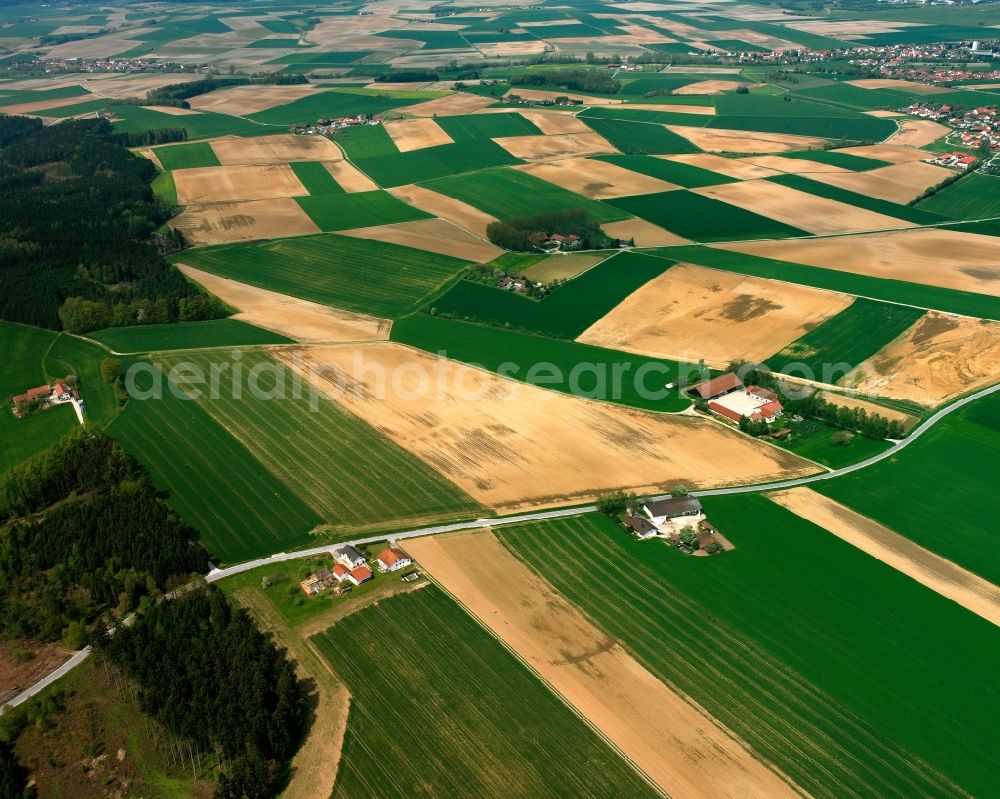 Oberpiebing from above - Homestead and farm outbuildings on the edge of agricultural fields in Oberpiebing in the state Bavaria, Germany