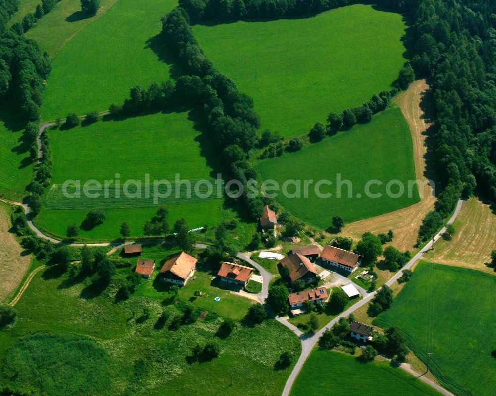 Ratzing from the bird's eye view: Homestead and farm outbuildings on the edge of agricultural fields in Ratzing in the state Bavaria, Germany