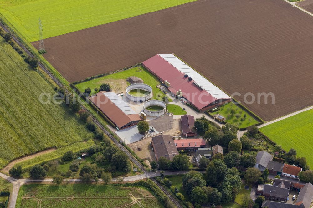 Schündelenhöfe from above - Homestead and farm outbuildings on the edge of agricultural fields on the Schuendelenhoefe road in Schuendelenhoefe in the state of North Rhine-Westphalia, Germany