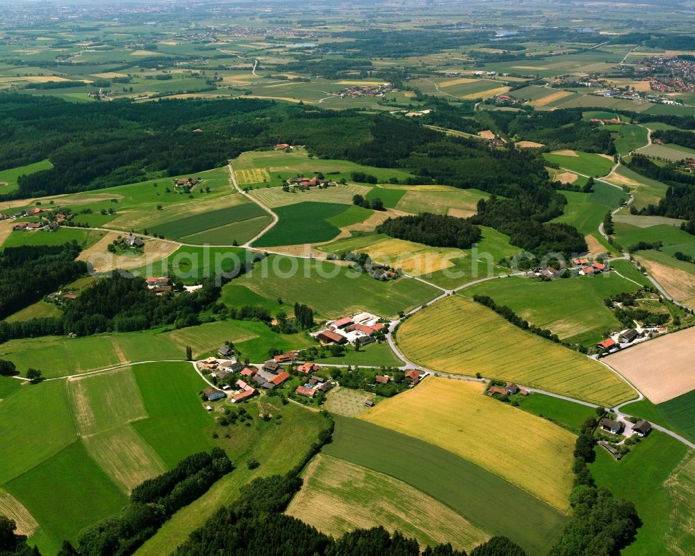 Aerial image Schoppühl - Homestead and farm outbuildings on the edge of agricultural fields in Schoppühl in the state Bavaria, Germany