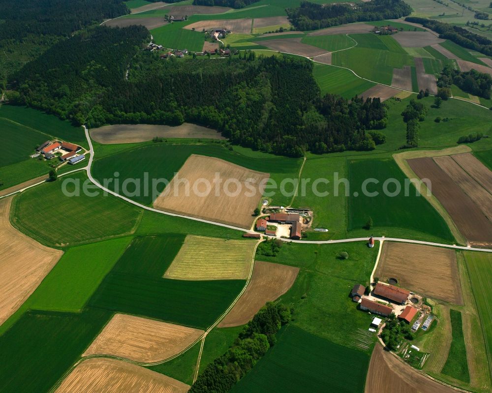 Aerial image Steindorf - Homestead and farm outbuildings on the edge of agricultural fields in Steindorf in the state Bavaria, Germany