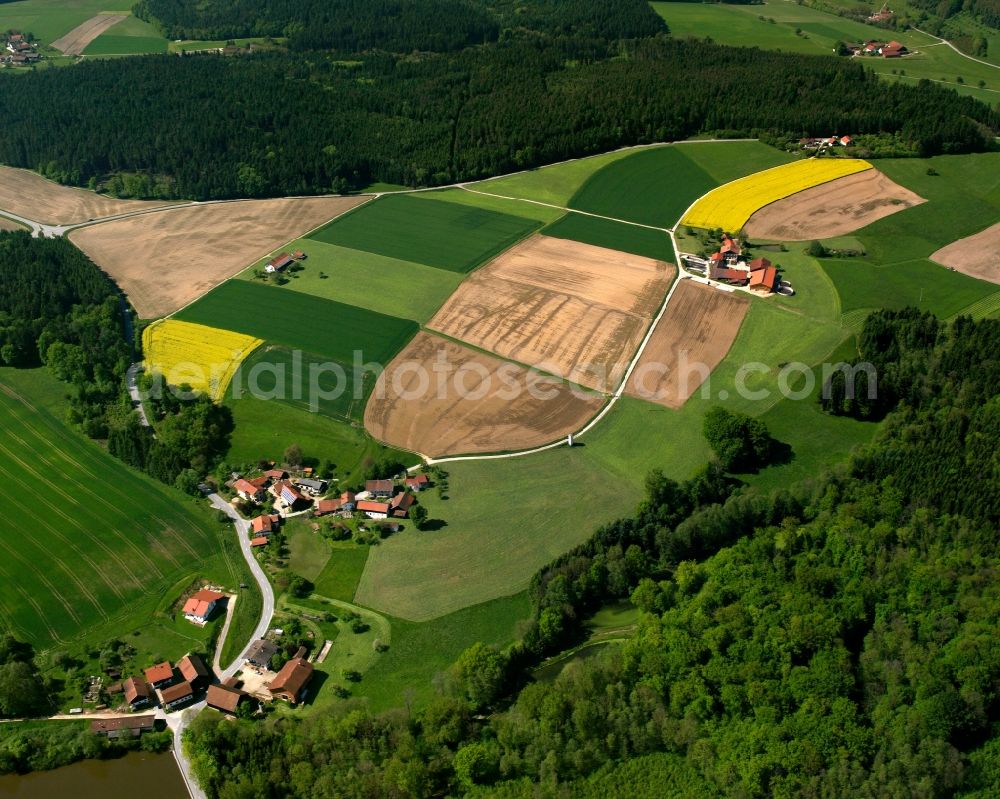 Aerial image Weinberg - Homestead and farm outbuildings on the edge of agricultural fields in Weinberg in the state Bavaria, Germany